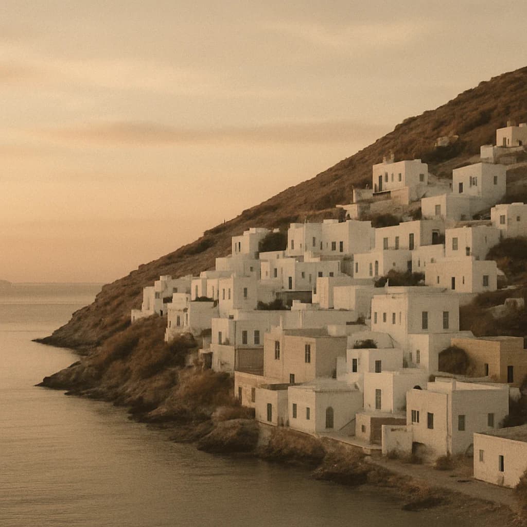 A whitewashed coastal village above a calm sea at dusk