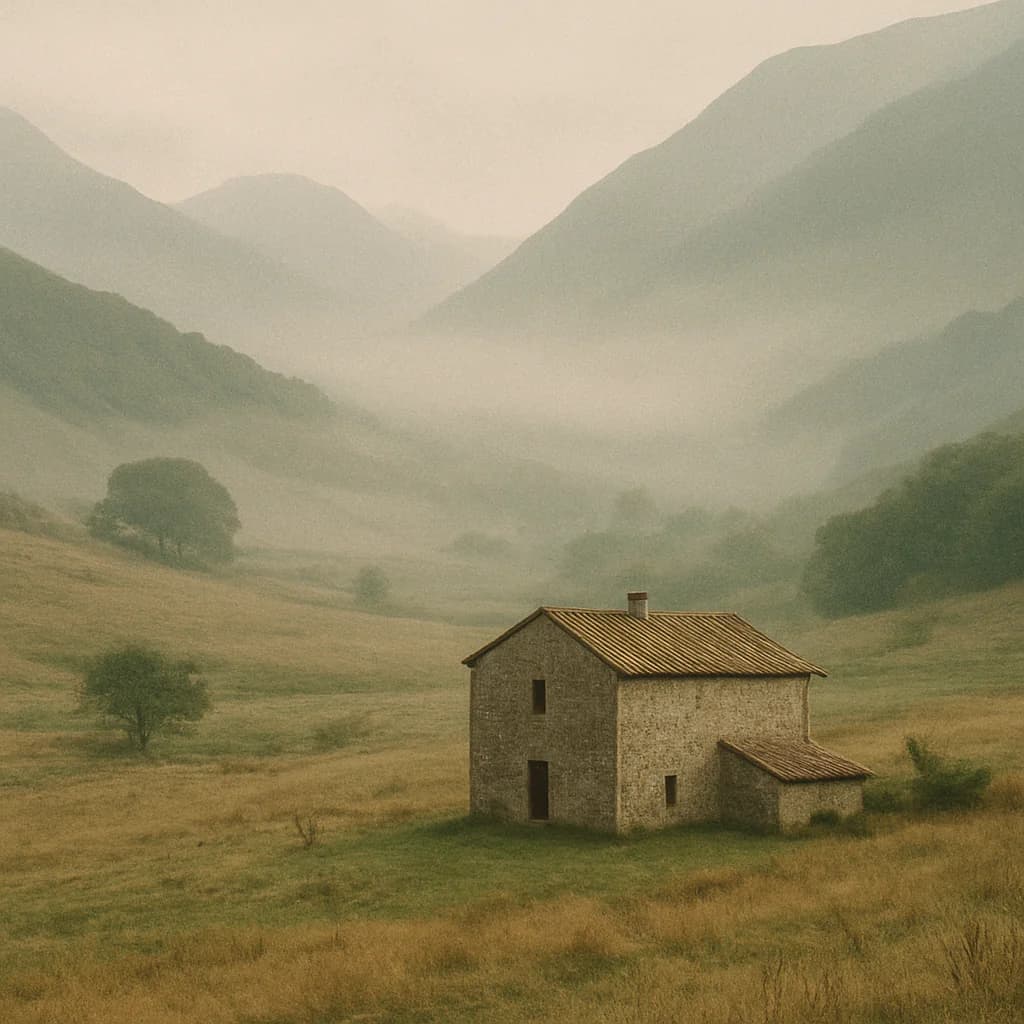 A stone farmhouse in a quiet, foggy mountain valley