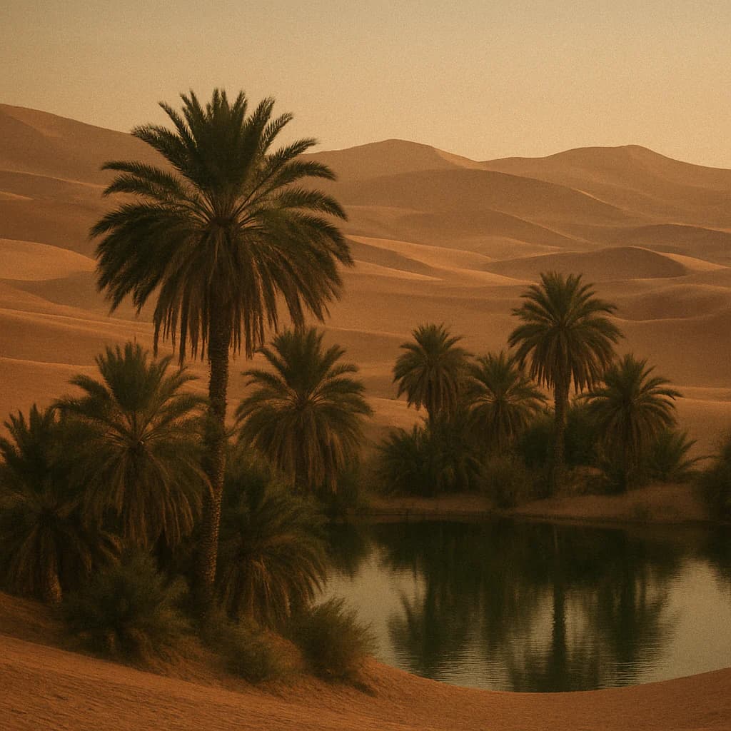 A desert oasis with palms and warm dunes at golden hour